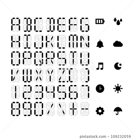 Set of digital display alphabets, numbers, and icons (time, temperature, humidity) Set of digital display alphabets, numbers, and icons (time, temperature, humidity) 109232059