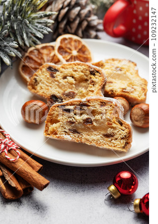 Christmas stollen with winter holidays decoration. Christmas stollen with winter holidays decoration. 109232147