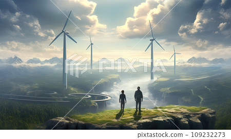 Engineers standing on top of a wind turbine and looking beautiful landscape 109232273