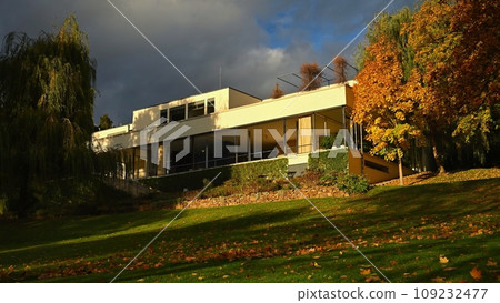 Villa Tugendhat Brno - Czech Republic. Beautiful autumn atmosphere in the park of the villa. Modern architecture of functionalist and internationalist German architect Ludwig Mies van der Rohe. UNESCO 109232477