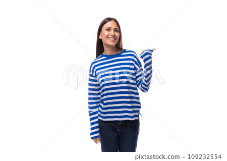 smart young stylish woman with straight hair dressed in a striped sweater 109232554
