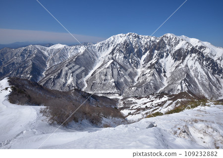 Snow-covered Mt. Tanigawa and the eastern rock wall seen from halfway up Shiragemon Gate 109232882