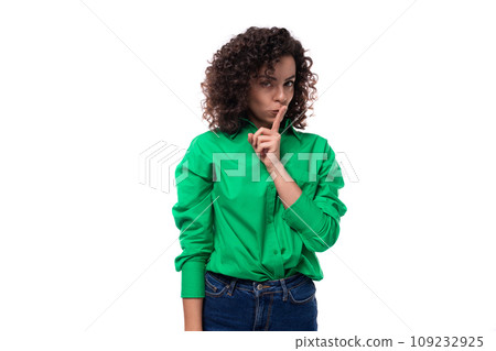 young woman with stylish hair styling by curly method keeps a secret 109232925