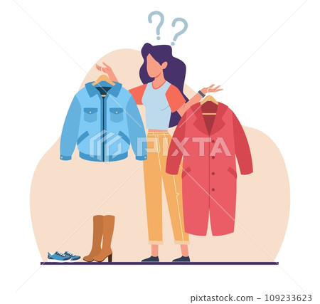 Woman is confused when choosing top outfit when going outdoors. Problem of choice. Thoughtful female character. Fashion clothing on hangers cartoon flat isolated vector shopping concept 109233623