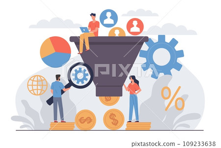 Sales funnel concept with small people. Successful marketing strategy. Funnel and charts, graphs and diagrams. Golden coins, online marketing conversion rate. Vector cartoon flat illustration Sales funnel concept with small people. Successful marketing strategy. Funnel and charts, graphs and diagrams. Golden coins, online marketing conversion rate. Vector cartoon flat illustration 109233638