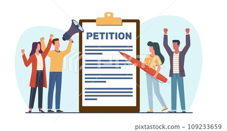 Petition, collective appeal. Online balloting, men and women with megaphone and pen. People signing and spreading electronic document for government cartoon flat isolated vector concept Petition, collective appeal. Online balloting, men and women with megaphone and pen. People signing and spreading electronic document for government cartoon flat isolated vector concept 109233659