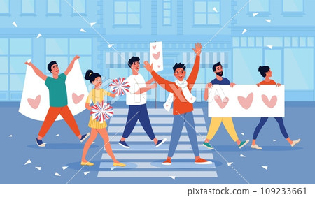 Peaceful parade on city street. Happy people carry banners and posters with images of hearts, funny festival activists, men and women crowd on demonstration cartoon flat vector concept 109233661