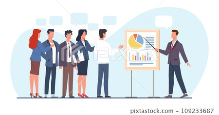Group of business people talking to speaker of presentation. Manager presenting project to colleague. Infographic with graphics and charts. Office meeting. Cartoon flat vector concept 109233687