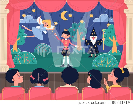 Children watch puppet show. Happy kids in auditorium at theatrical performance, young audience, fabulous puppets on stage, entertainment show for kids, cartoon isolated vector concept Children watch puppet show. Happy kids in auditorium at theatrical performance, young audience, fabulous puppets on stage, entertainment show for kids, cartoon isolated vector concept 109233719