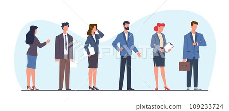 Business men and women standing in line. Employees and office workers in suits. Managers and entrepreneurs, company team. Male and female characters. Cartoon flat isolated vector concept Business men and women standing in line. Employees and office workers in suits. Managers and entrepreneurs, company team. Male and female characters. Cartoon flat isolated vector concept 109233724