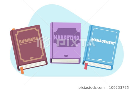 Books on marketing, business and management. Corporate specialized training. Economic education at university or college. Notebook covers. Cartoon flat isolated illustration. Vector concept 109233725