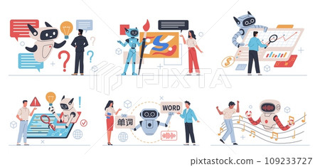 Artificial intelligence interacts with people. Computing system self development, chatbots help, robot executes commands, translator, artist and analyst, cartoon flat nowaday vector set 109233727
