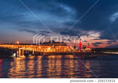 Rostral columns on Vasilyevsky island Spit Strelka at white night. St. Petersburg. Russia Rostral columns on Vasilyevsky island Spit Strelka at white night. St. Petersburg. Russia 109233918