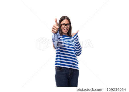 positive smiling young brunette woman in eyeglasses feels confident 109234034