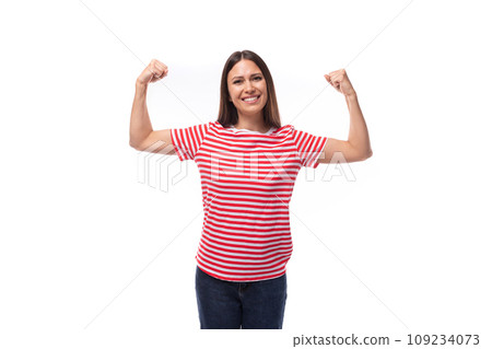 pretty young caucasian promoter woman with straight hair in glasses and in a striped red t-shirt on pretty young caucasian promoter woman with straight hair in glasses and in a striped red t-shirt on 109234073