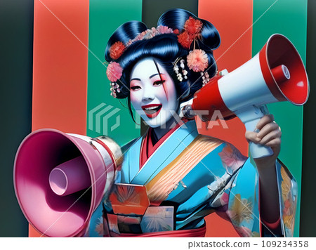 一名年輕女子用擴音器歡呼的背景資料（用於銷售傳單和小冊子） 109234358