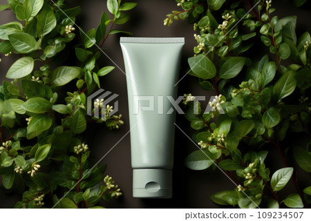 Green cosmetic tubes with green leaves on a wooden background. Label for branding layout. Product concept for natural beauty. Top view 109234507