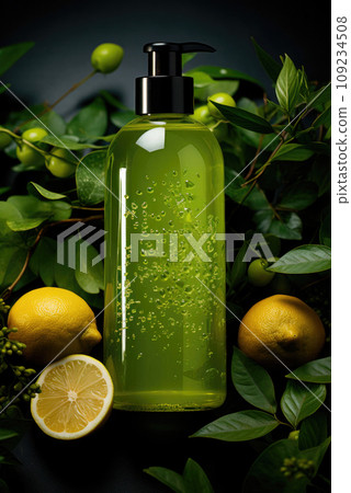 Green cosmetic product bottle for skin, body or hair care with green leaves and lemon, top view. Natural cosmetic concept 109234508