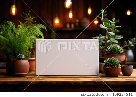 Business card layout on a wooden table with potted plants 109234511