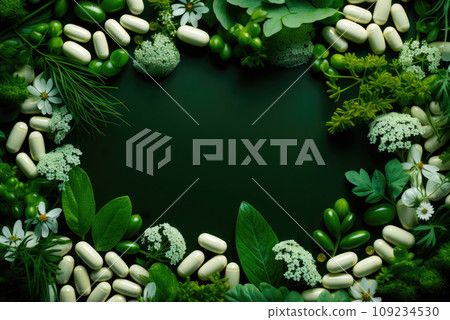 Frame of medicinal herbs, leaves and flowers, herbal pills in bulk. Flat lay, top view and copy space Frame of medicinal herbs, leaves and flowers, herbal pills in bulk. Flat lay, top view and copy space 109234530
