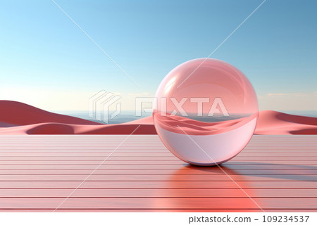 Pink glass ball on a board surface against a blue sky background Pink glass ball on a board surface against a blue sky background 109234537