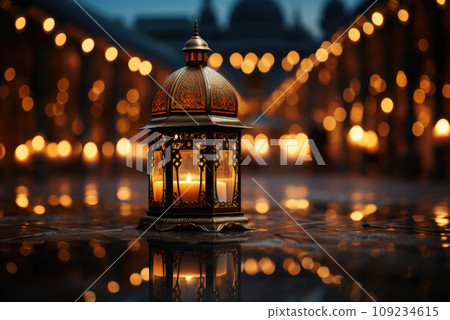Traditional oriental lantern on the background of a bokeh of lights with a copy space. Card for the Ramadan holiday Traditional oriental lantern on the background of a bokeh of lights with a copy space. Card for the Ramadan holiday 109234615