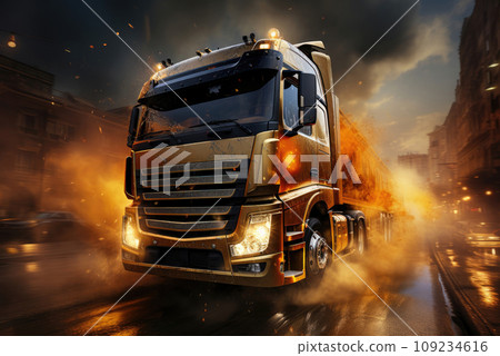 Truck in the evening on the background of the city 109234616