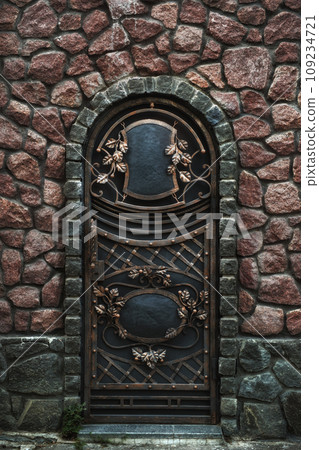 Vintage iron door in the wall of a house of wild stone Vintage iron door in the wall of a house of wild stone 109234721