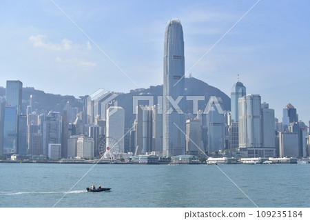 Hong Kong Victoria Harbor and local fishing boats 109235184