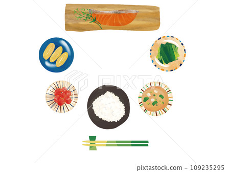 Watercolor style Japanese food (grilled salmon, white rice, miso soup, spinach, fried egg, pickled plums) set [background transparent] 109235295