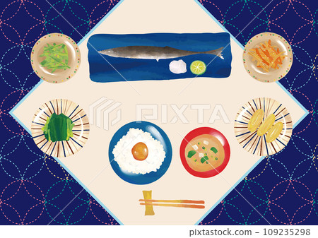 水彩風格日本料理(秋刀魚、雞蛋飯、味噌湯、菠菜、金平、玉子燒、蠶豆)套餐 水彩風格日本料理(秋刀魚、雞蛋飯、味噌湯、菠菜、金平、玉子燒、蠶豆)套餐 109235298
