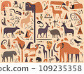 Mythical animals, symbols and figures in the style of cave paintings 109235358