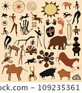 Cave paintings - figures, animals and symbols in the style of cave paintings 109235361