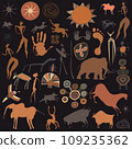 Cave paintings - figures, animals and symbols in the style of cave paintings 109235362