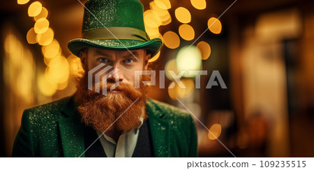 St Patrick's day concept - handsome irish man with beard, pub background 109235515