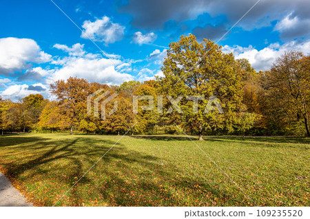 Golden autumn view in famous Munich relax place - Englischer Garten. Munich, Bavaria, Germany Golden autumn view in famous Munich relax place - Englischer Garten. Munich, Bavaria, Germany 109235520