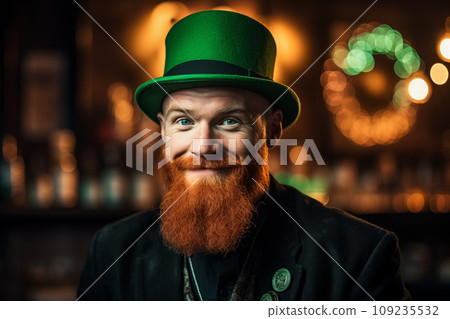 St Patrick's day concept - handsome irish man with beard, pub background 109235532