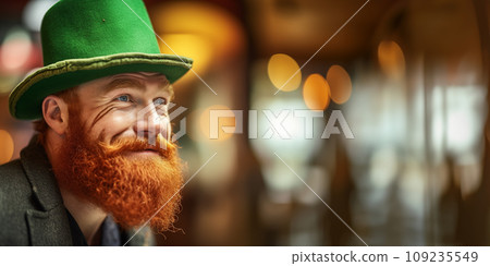 St Patrick's day concept - handsome irish man with beard, pub background St Patrick's day concept - handsome irish man with beard, pub background 109235549