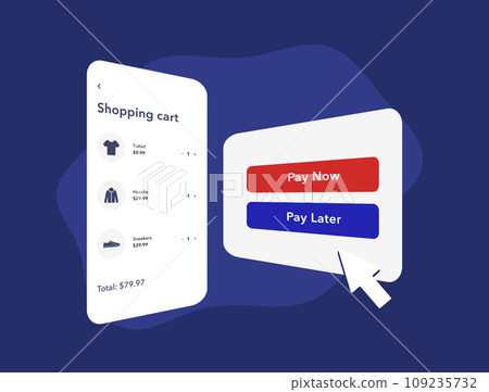 BNPL E-commerce strategy with flexible payment. Buy Now Pay Later Business Payment Method. Credit option without bank card at m-commerce checkout. Vector illustration isolated on blue background 109235732
