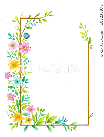 Frame made of colorful watercolor wildflowers and leaves illustr 109235973