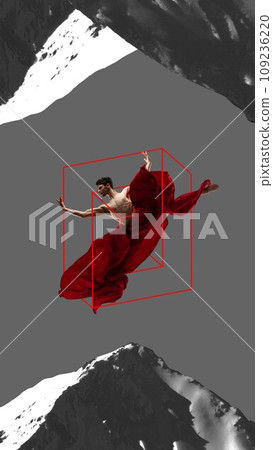 Power. Muscular shirtless man, ballet dancer performing with red fabric over monochrome mountain with abstract design element. Contemporary art collage. Power. Muscular shirtless man, ballet dancer performing with red fabric over monochrome mountain with abstract design element. Contemporary art collage. 109236220