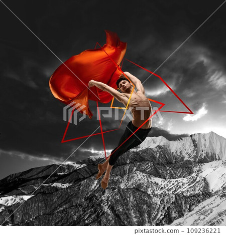 Flight. Muscular shirtless man, ballet dancer dancing with red fabric over monochrome mountain background with abstract design element. Contemporary art collage. Flight. Muscular shirtless man, ballet dancer dancing with red fabric over monochrome mountain background with abstract design element. Contemporary art collage. 109236221