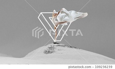 Tenderness and freedom. Elegant, beautiful woman, ballerina dancing with transparent fabric over light background with abstract design element. Contemporary art collage. 109236239