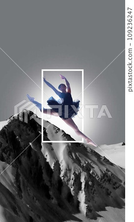 Graceful beautiful ballerina, woman in tutu dancing over mountain background with abstract design element. Contemporary art collage. 109236247