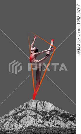 Graceful talented young woman, ballerina dancing over monochrome mountain background with abstract design element. Contemporary art collage. Graceful talented young woman, ballerina dancing over monochrome mountain background with abstract design element. Contemporary art collage. 109236267