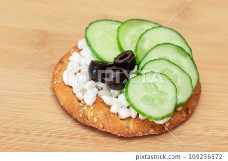 Crispy Cracker Sandwich with Fresh Cucumber, Cottage Cheese and Olives Crispy Cracker Sandwich with Fresh Cucumber, Cottage Cheese and Olives 109236572