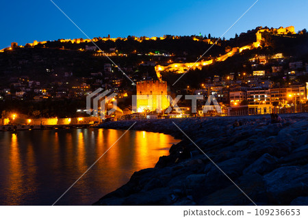 Night view of Alanya on Mediterranean coast with Red Tower and Castle Night view of Alanya on Mediterranean coast with Red Tower and Castle 109236653