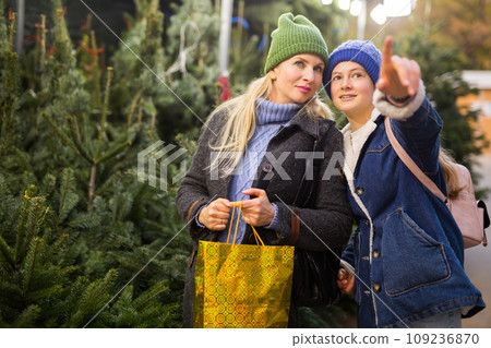 Mother and daughter choosing christmas tree 109236870