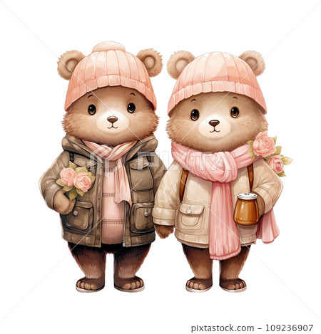 Couple bear dressed in pink and green winter outfits on Valentines day Couple bear dressed in pink and green winter outfits on Valentines day 109236907