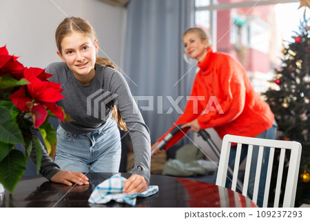 Teenage girl wipes the table Teenage girl wipes the table 109237293